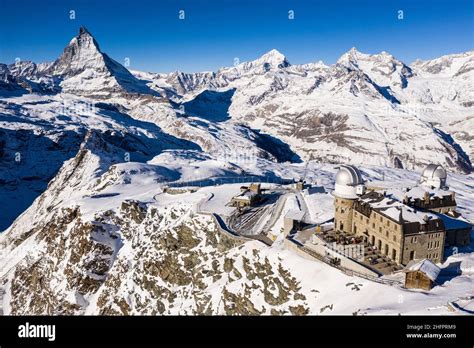 Aerial View Of The Famous Gornergrat Ridge And Train Station With The