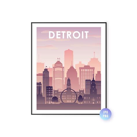 Sunset Detroit City Skyline Detroit Skyline Print Digital City Poster