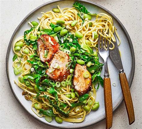 Sticky Hoisin Pork Fillet With Sesame Greens And Noodles Recipe Bbc