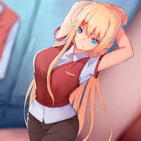 Anime Girls Blond Hair Blue Eyes Big Boobs Looking At Viewer Uniform Arms Up Hd Phone