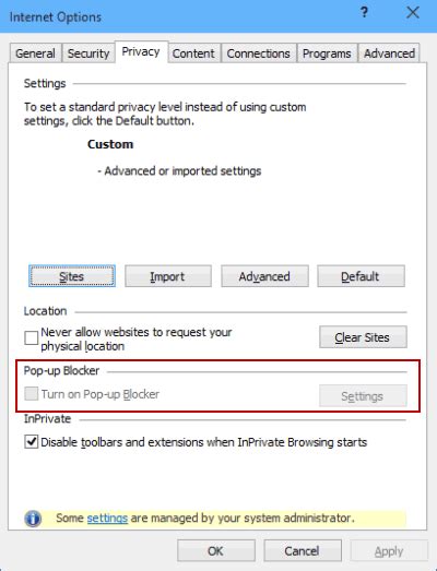 Disable Managing Pop Up Settings In Windows 10