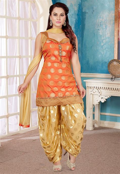 Embroidered Brocade Silk Punjabi Suit In Orange Designer Party Wear