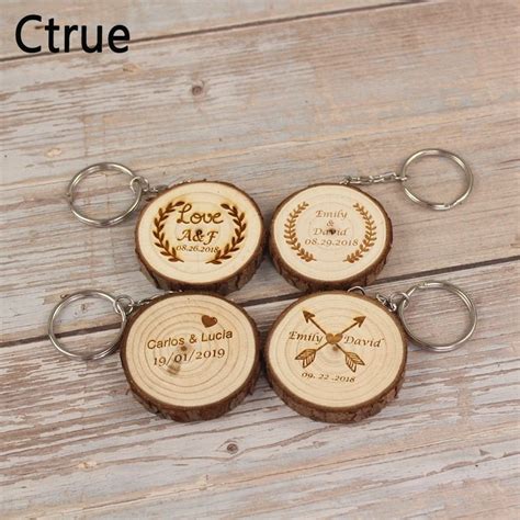 5pcs Personalized Wood Keychain Rustic Wedding Gifts Custom Engraved