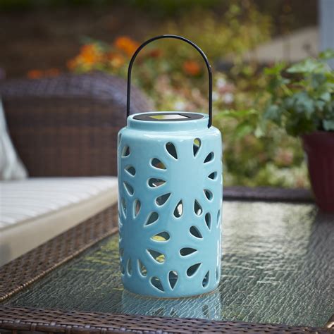 Essential Garden Small Ceramic Lanterns With Solar Light Blue