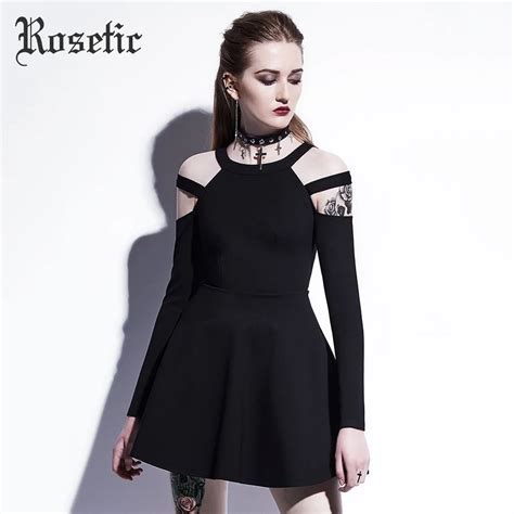 Buy Rosetic Gothic Mini Dress Black Fashion Hollow Autumn Women Off Should O
