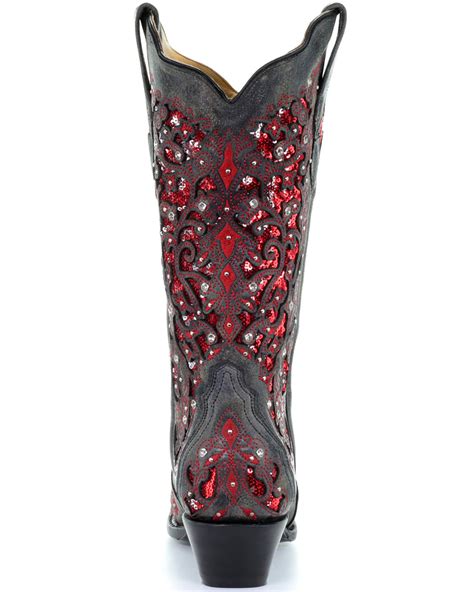 Corral Womens Crystal And Red Sequin Inlay Cowgirl Boots Snip Toe