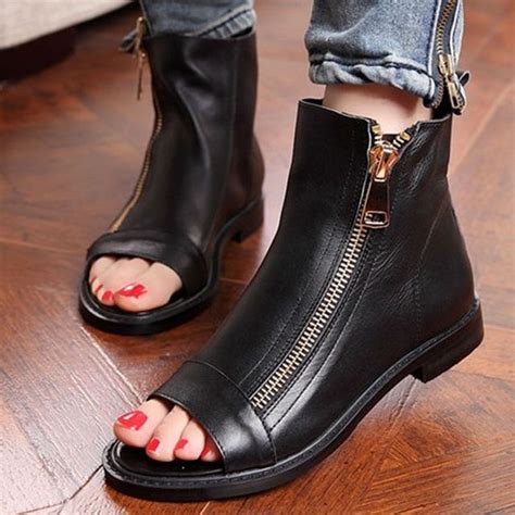 Ladies Womens Punk Open Peep Toe Flat Summer Boots Zip Genuine Leather