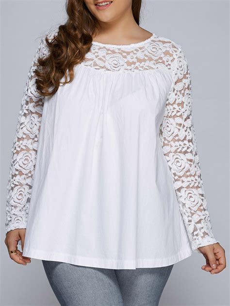 White Plus Size Lace Splicing Long Sleeve Blouse | RoseGal.com
