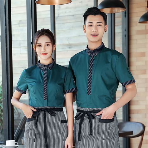 Irder Stripes Collar Wait Staff Uniform Shirt With Apron