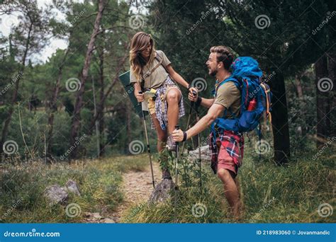 Young Couple Hiking Together In Mountains Stock Photo Image Of