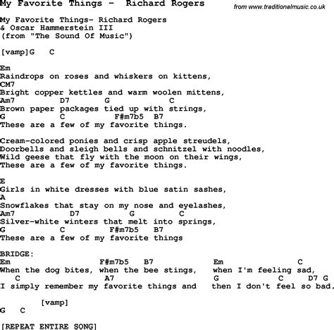 Song My Favorite Things By Richard Rogers Song Lyric For Vocal Performance Plus Accompaniment