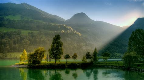 Nature Landscape Lake Sunlight Hill Switzerland Wallpapers Hd