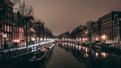 Night City Canal City Lights Amsterdam Netherlands 4k Hd Wallpaper