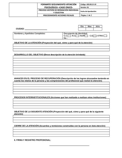 Planilla De Atencion Psiologica Formato Seguimiento AtenciÓn PsicolÓgica Caso Único Código