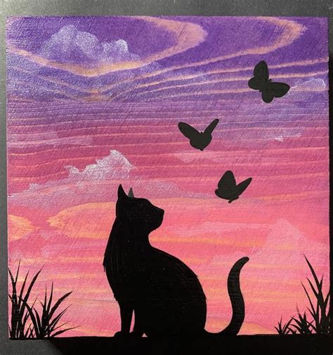 Cat With Butterflies Watercolor Painting On Wood 5x5 Etsy Cat Art