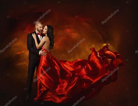 Elegant Couple Dancing In Love Woman In Red Clothes And Lover Man In Classic Suit Long Waving