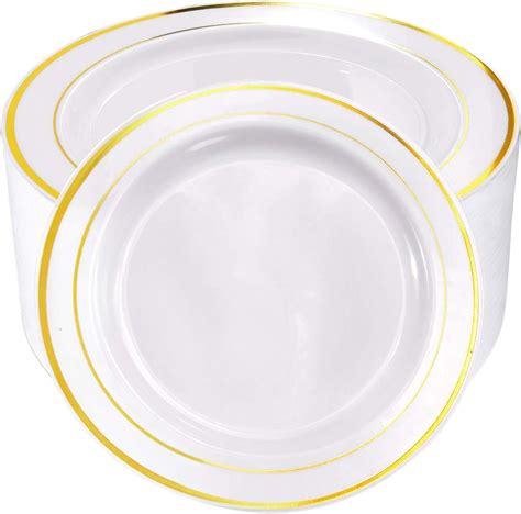 60pcs Plastic Gold Plates1025 Inch Gold Rimmed Dinner Plates White