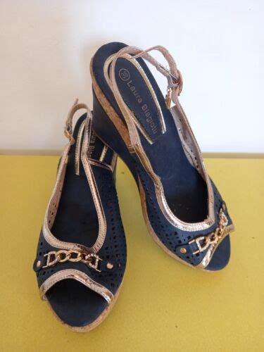 Laura Biagiotti Ladies Navy Peep Toe Wedge Summer Sandals Shies Size 5