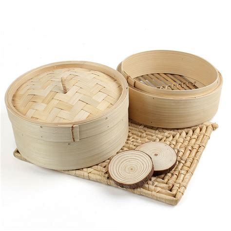 8 Wooden Dim Sum Bamboo Steamer 2 Tier Dumplings Basket Steam Cooker
