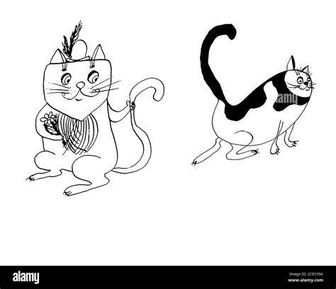 Simple And Minimal Cat Ink Drawing Two Cats In Comic Illustration Art