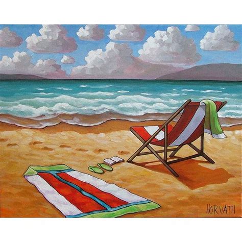 Original Painting Folk Art Windy Ocean Waves Summer Beach