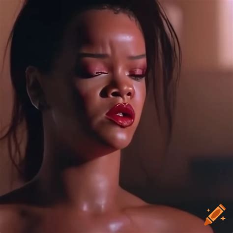 Rihanna In A Bruised Movie Fight Scene With Closed Eyes Raised Eyebrows And Opened Mouth On