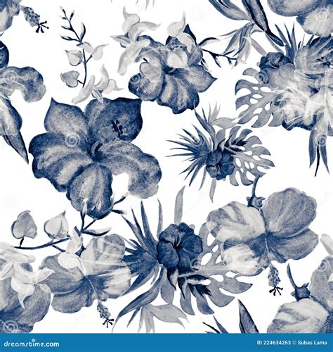Indigo Hibiscus Painting Azure Flower Wallpaper Beryl Seamless Palm