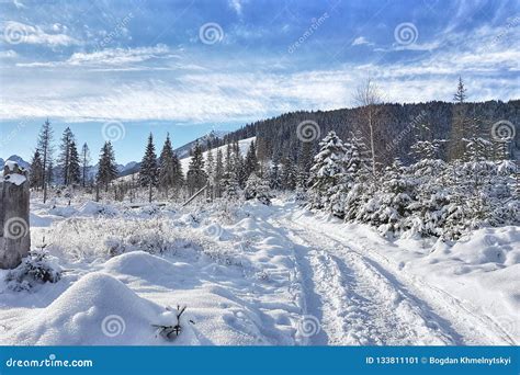 Snow Covered Winter Road In Mountain Valleys Stock Image Image Of