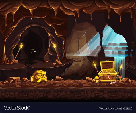 Treasure Cave With A Waterfall Royalty Free Vector Image