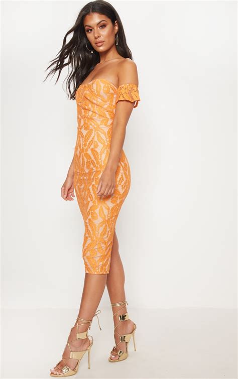 tangerine lace bardot midi dress dresses prettylittlething ie