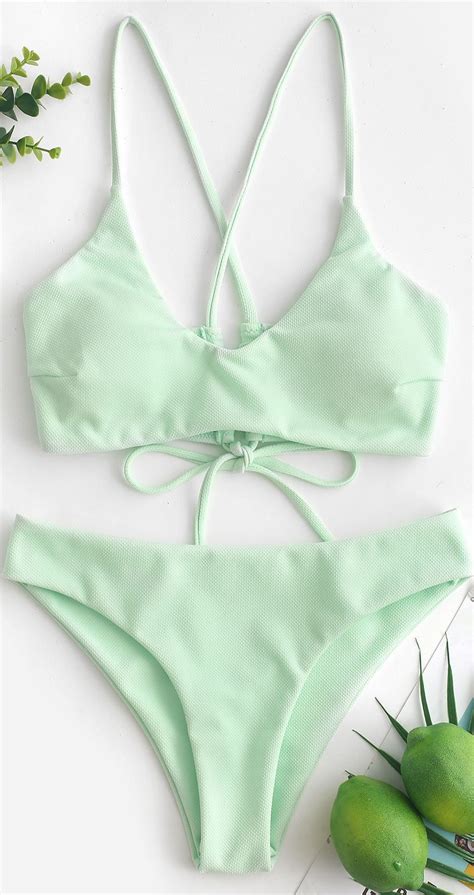 Zaful Criss Cross Textured Padded Bikini Swimsuit Mint Green Cute Swimsuits Bikini Swimsuits
