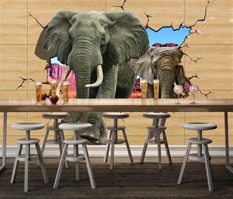 Custom Size 3d Photo Mural Elephant Broke Wall Removable Wall Papers