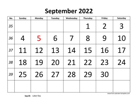 September 2022 Calendar Designed With Large Font Horizontal Free