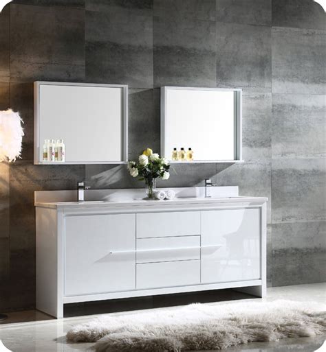 A pair of decorative wall mirrors adds a geometric element. Fresca FVN8172WH Allier 72" Double Sink Modern Bathroom ...