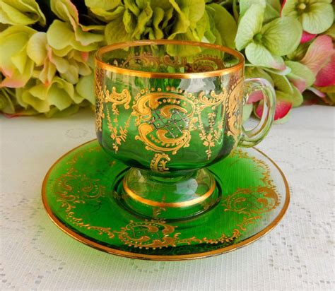 Gorgeous Moser Bohemian Glass Cup And Saucer ~ Gold Gilt ~ Green 3 Glass Cup Bohemian Glass