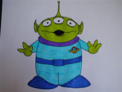 A Drawing Of A Green Alien With Blue Pants And Purple Shirt Holding