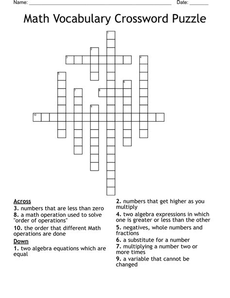 Math Vocabulary Crossword Puzzle Wordmint