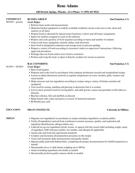 cook helper resume samples velvet jobs