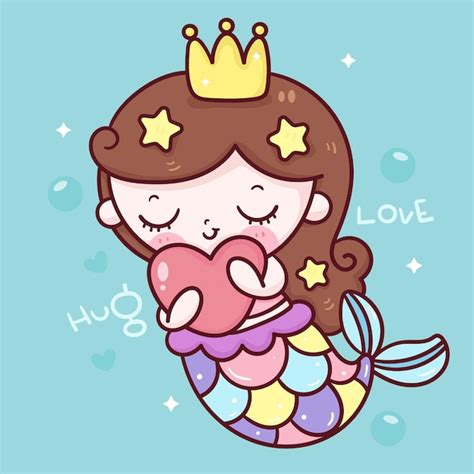 Premium Vector Mermaid Princess Cartoon Hug Heart Kawaii Illustration