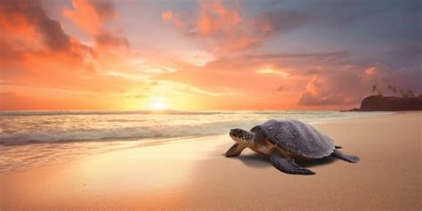 Premium AI Image A Turtle On The Beach At Sunset