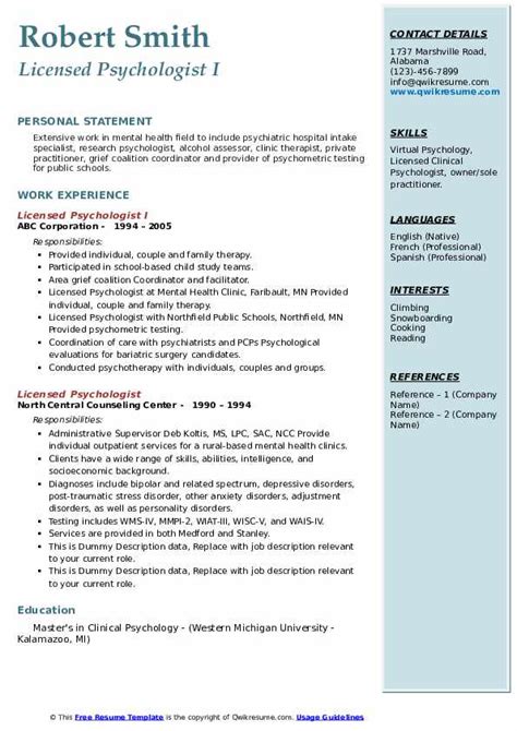 Psychologist Resume Sample Ewriting