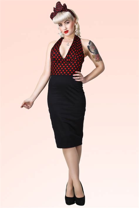 50s Marilyn Red Polkadot Pencil Dress Black