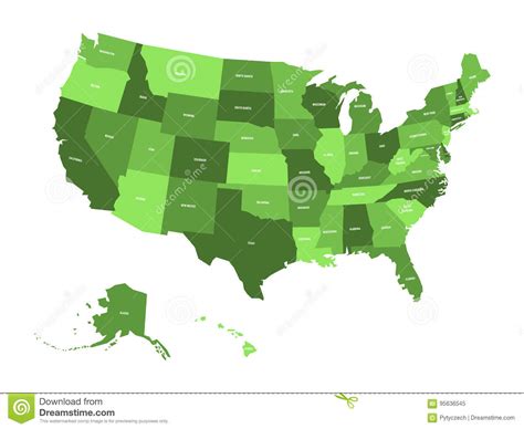 Map Of United States Of America Usa In Four Shades Of Green With