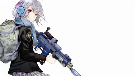 Wallpaper Gun Simple Background White Hair Anime Girls Weapon