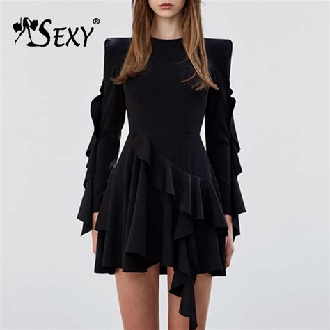 Gosexy Bodycon Ruffle Women Mini Dress Sexy Black Long Sleeve Club