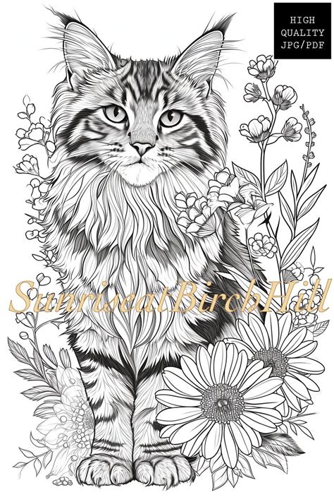 Maine Coon Cat Coloring Page Sheet Adult Teen Printable Coloring Page