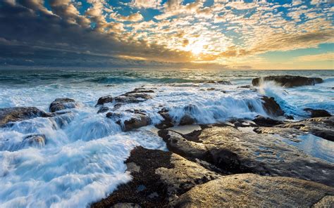 Nature Waves Sea Clouds Rock Water Wallpapers Hd