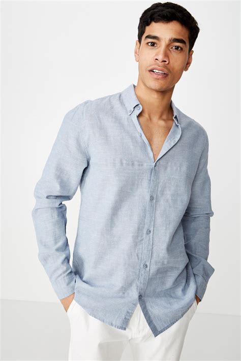 Premium Linen Cotton Long Sleeve Shirt Mid Blue White Cotton On