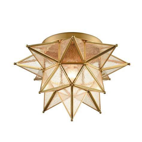 Brass Moravian Star Ceiling Light Seeded Glass 15 Inch