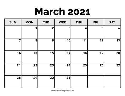 Free printable 2021 monthly printable calendar. Calendar March 2021 - Calendar Options
